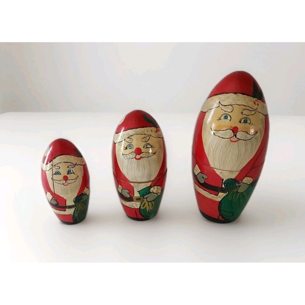 Vintage Enesco Santa Claus Wooden Nesting Dolls (3 Piece Set) Christmas